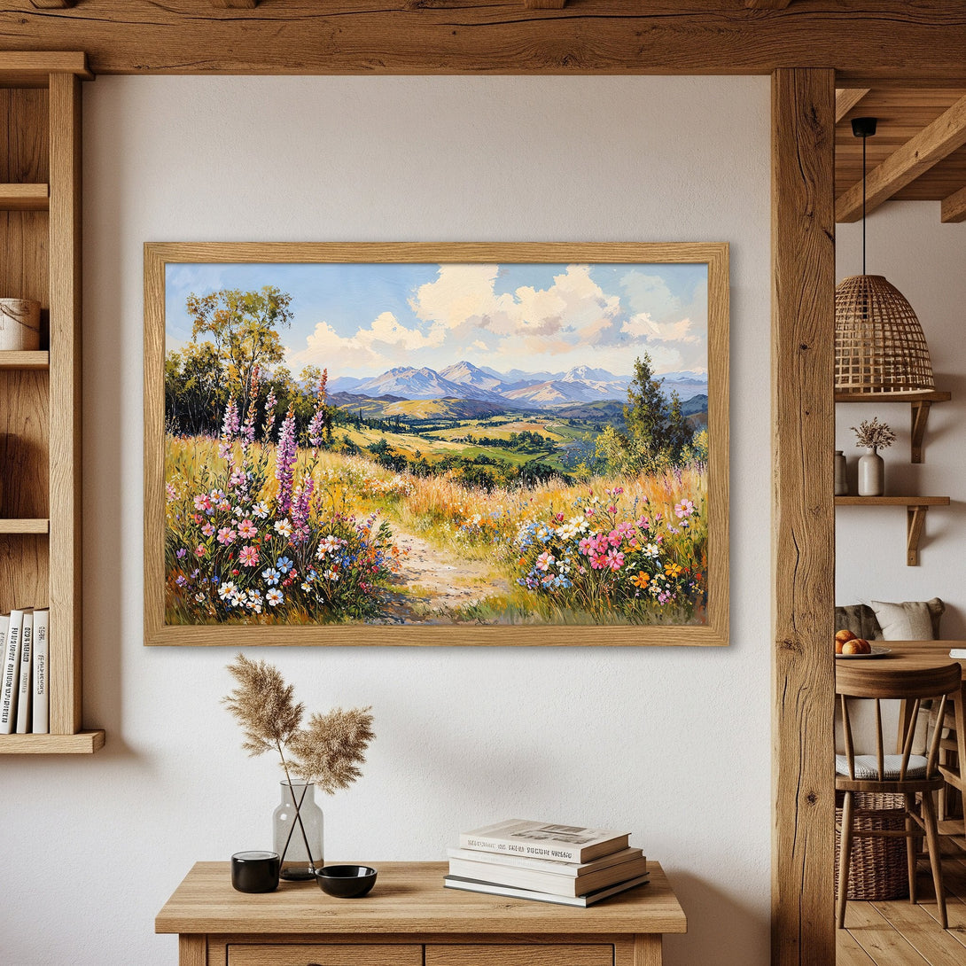 Framed Poster of a vibrant landscape painting with wildflowers and mountains. Warm, colorful palette for home decor.