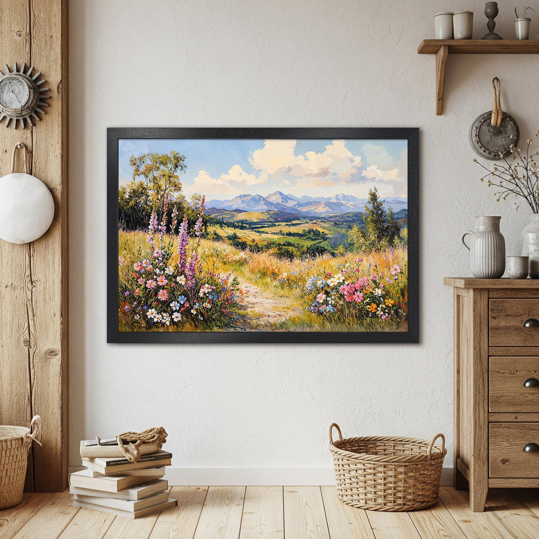 Framed Poster of a vibrant landscape painting with mountains. Impressionistic style, warm color palette. Perfect wall art.