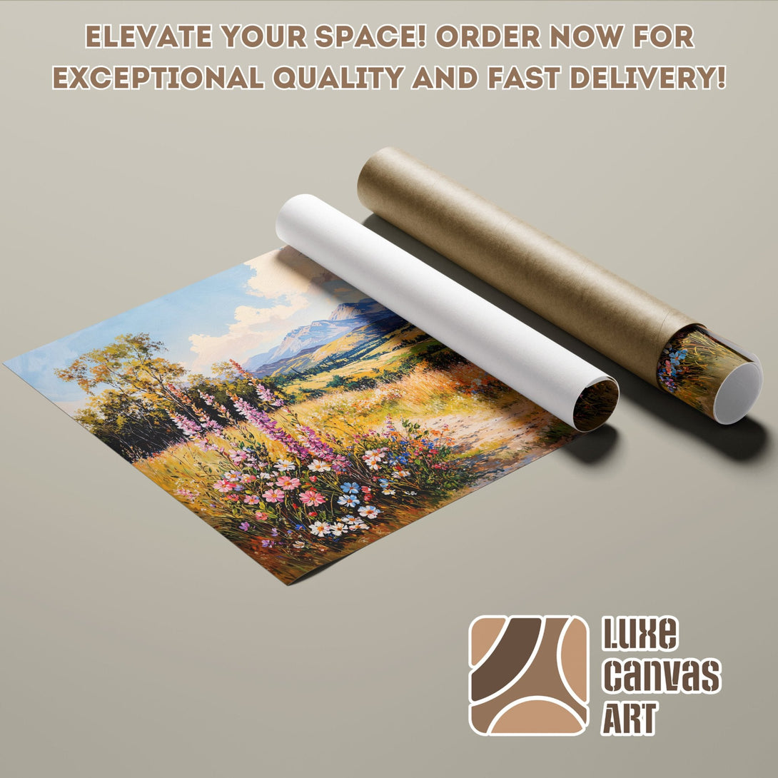 Landscape Poster Roll, vibrant colors, impressionist style, featuring a field of flowers and mountains. Order now!