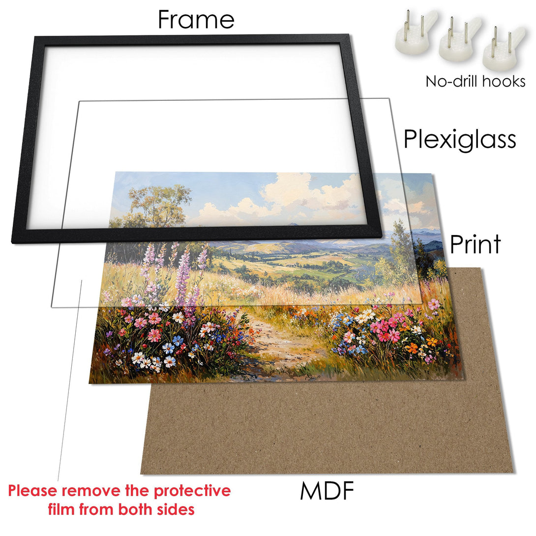 Framed Poster of a vibrant landscape painting with colorful flowers, in a black frame. Perfect wall art!