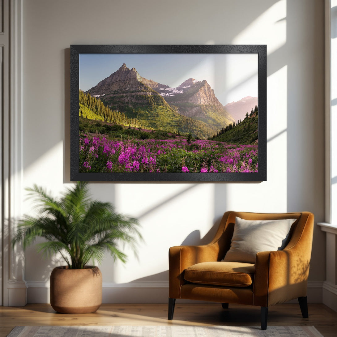 Framed Poster of mountain landscape with vibrant purple flowers. Nature-inspired art in a warm, inviting color palette. Perfect wall decor!