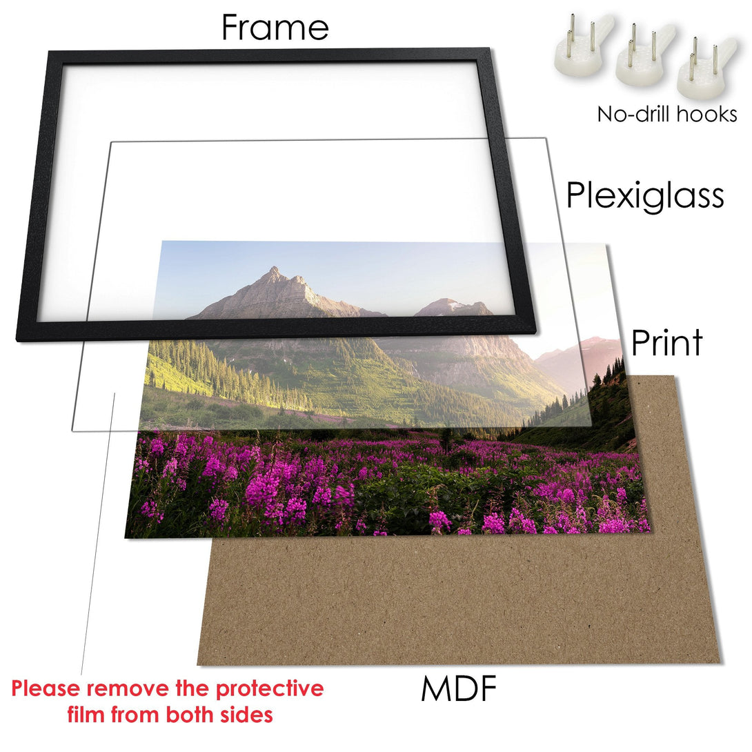 Framed Poster of a scenic mountain landscape with vibrant purple flowers. Earthy tones and natural style. Ready to hang!