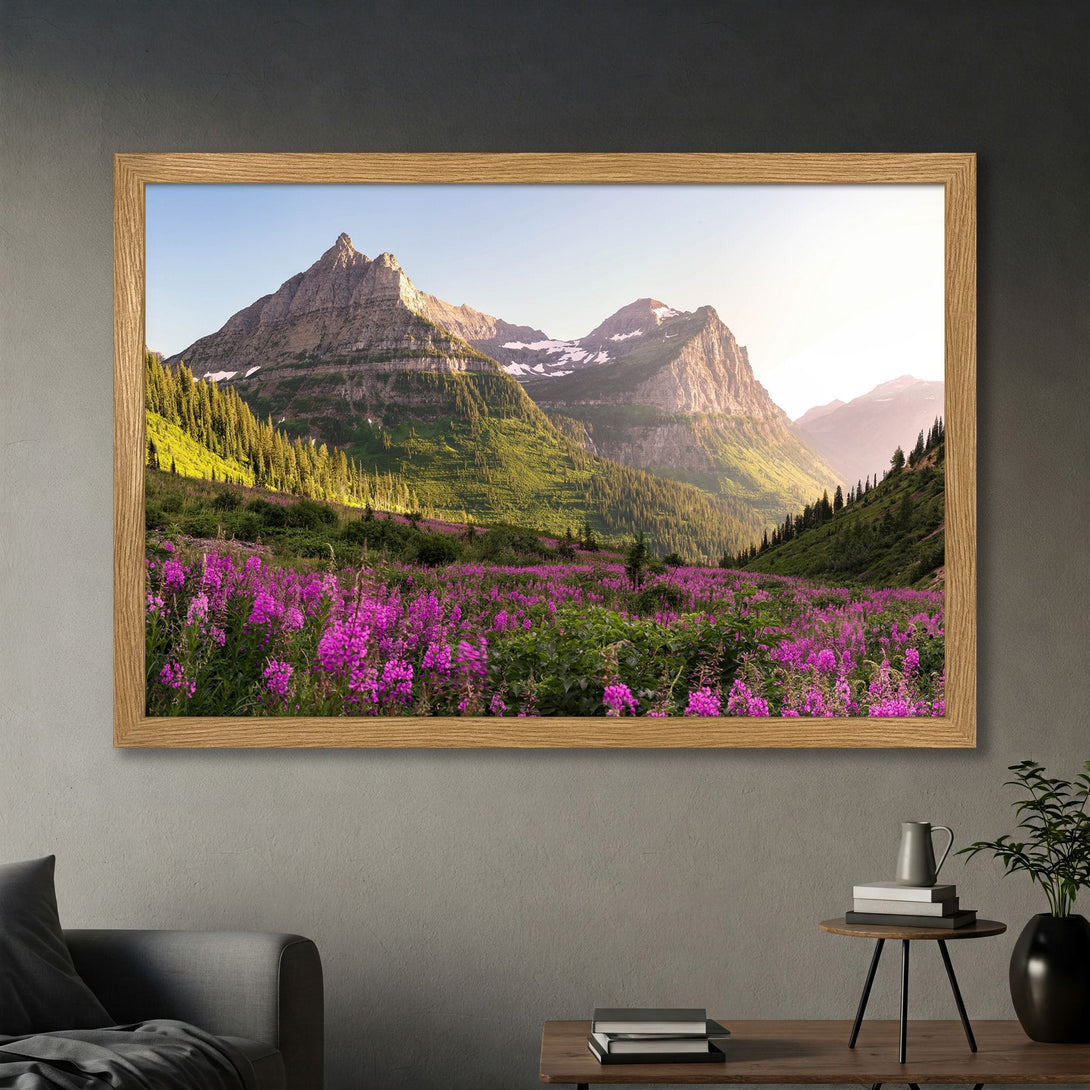 Framed Poster of a mountain landscape with purple wildflowers. Nature-inspired art in a warm, earthy color palette. Perfect wall decor!