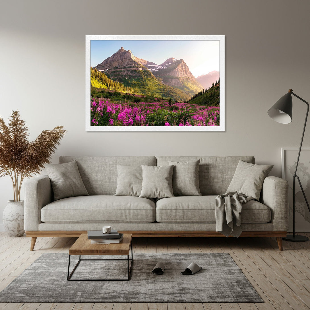 Framed Poster of a mountain landscape with pink flowers, natural style, warm color palette. Bring nature indoors!