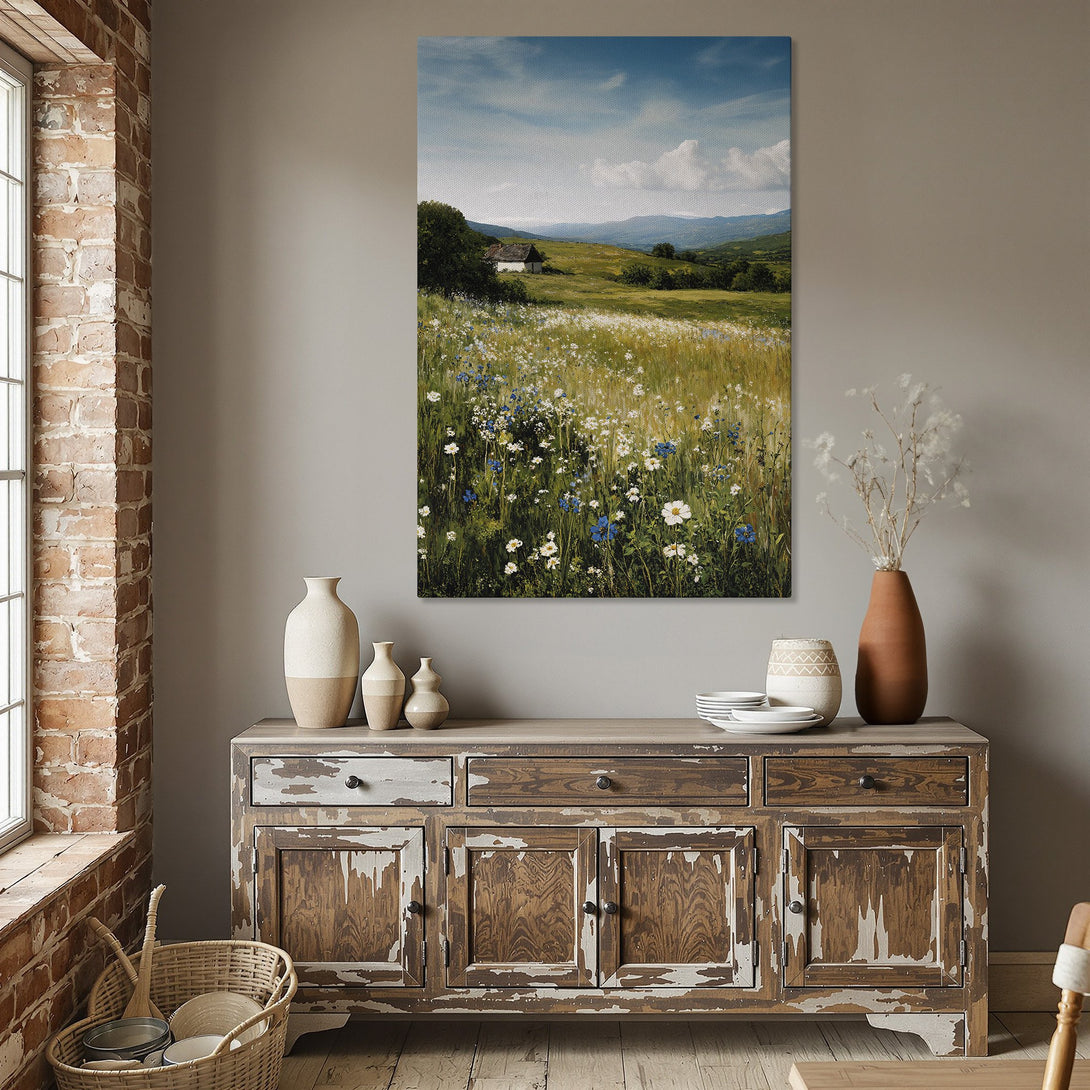 Framed Wall Art: Landscape Canvas Print with a meadow scene. Features a vibrant green, blue, and gold color palette. Perfect for adding a touch of nature to your decor.