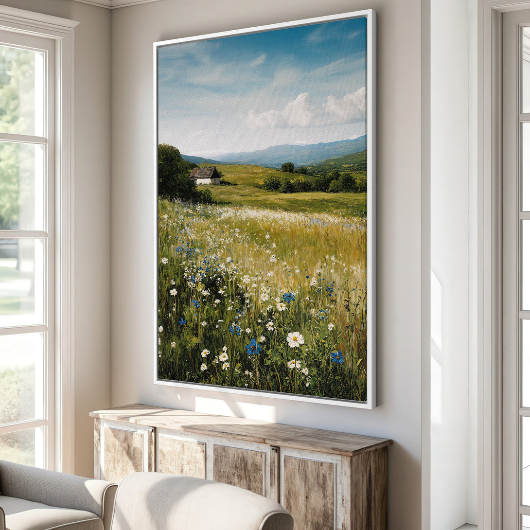 Framed Wall Art: Landscape Canvas Print with a meadow scene. Soft greens, blues, and yellows create a serene atmosphere. Perfect for adding a touch of nature to your space.