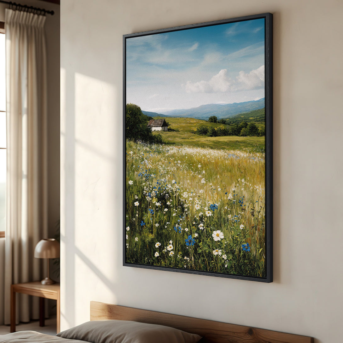 Framed Wall Art: Serene landscape Canvas Print. Features a field of wildflowers with a blue, green, and yellow color palette. Perfect for adding a touch of nature to your space.