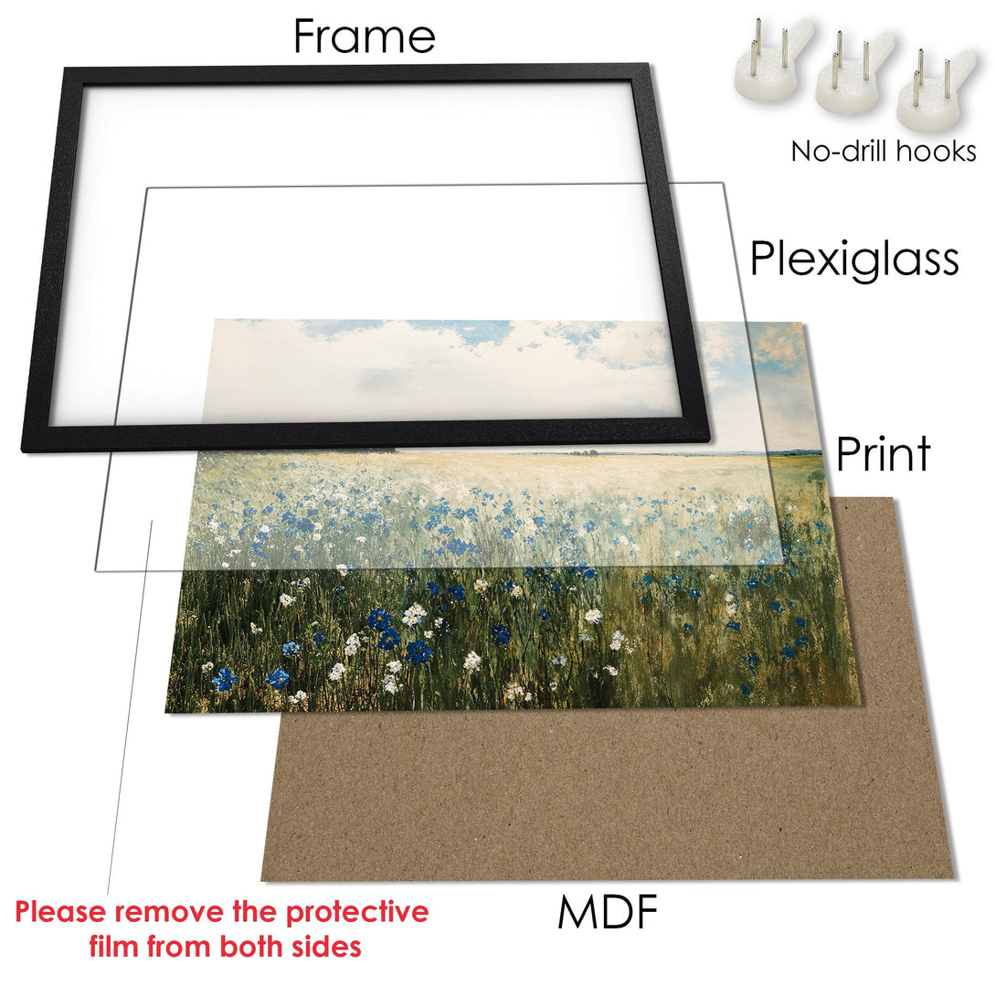 Framed Poster featuring a serene field of wildflowers in a painterly style, with a calming blue and green color palette.