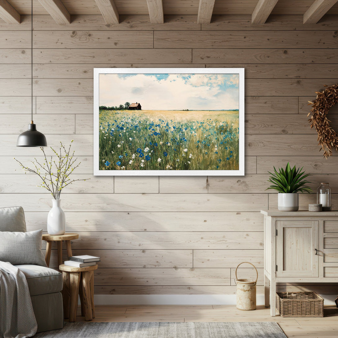 Framed Poster featuring a serene field and barn scene, with a soft, impressionistic style and a calming blue, yellow, and green color palette.