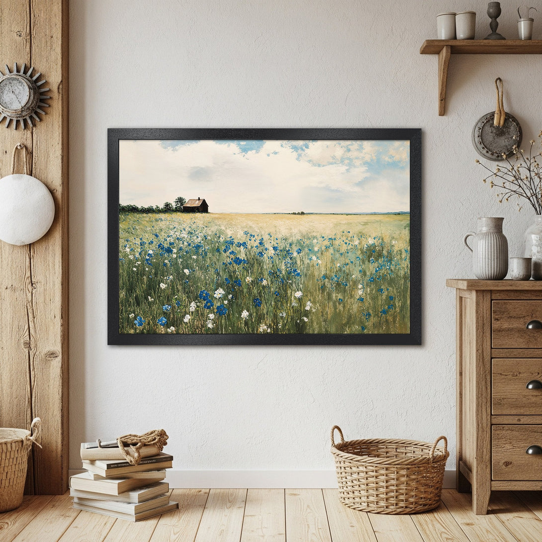 Framed Poster of a serene field with blue flowers. Rustic style, soft color palette. Add a touch of nature to your home!