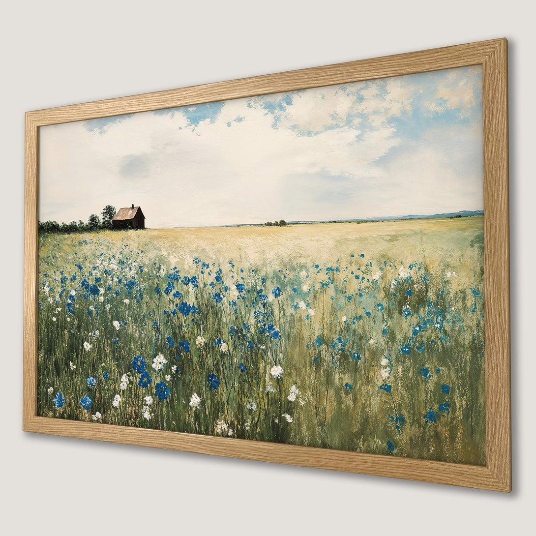 Framed Poster of a field with blue and white flowers, impressionist style, natural color palette.