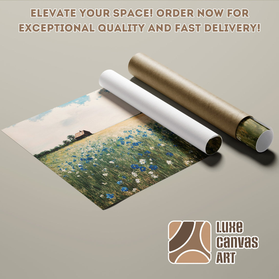 Poster Roll of a field with wildflowers, impressionistic style, blue, green, and beige color palette.