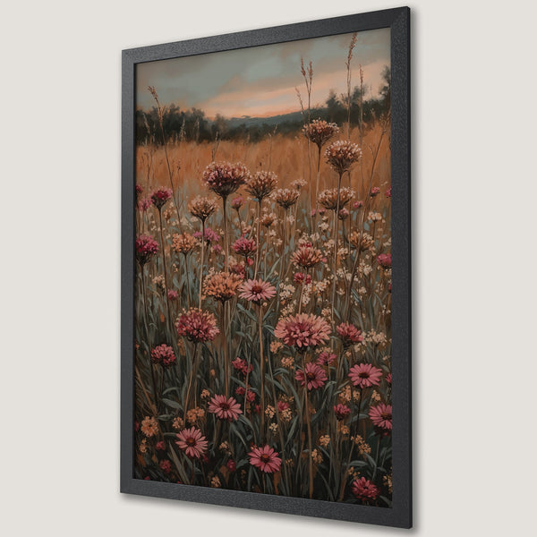 Framed Poster featuring a serene field of wildflowers in a warm, earthy color palette. Perfect wall art for a cozy home.