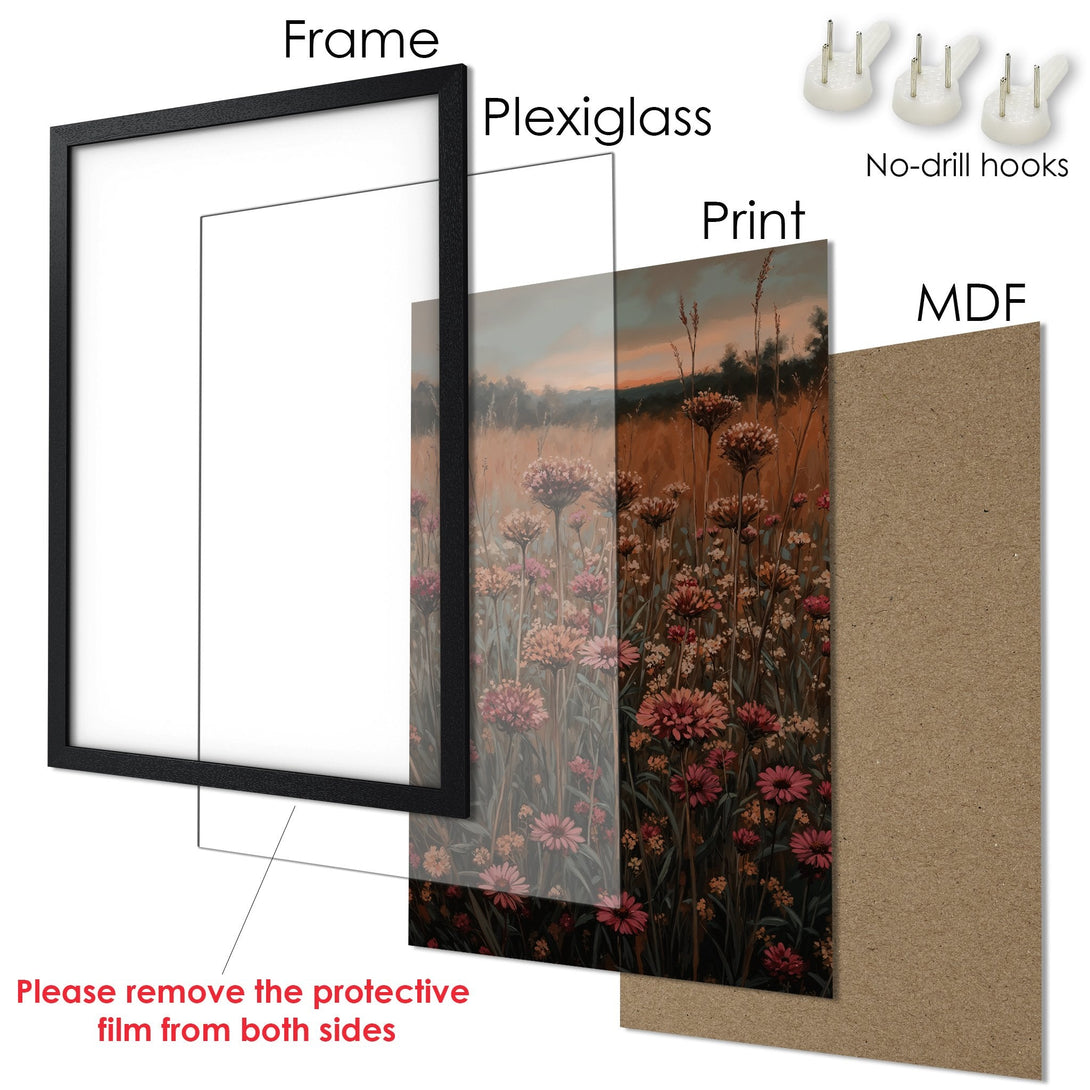 Framed Poster featuring a floral field in warm, earthy tones. Perfect wall art for any space!