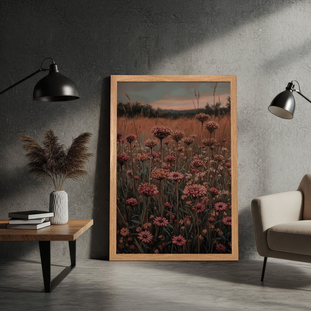 Framed Poster featuring a floral field painting. Warm, earthy tones and a vintage style create a cozy, artistic aesthetic. Perfect home decor!