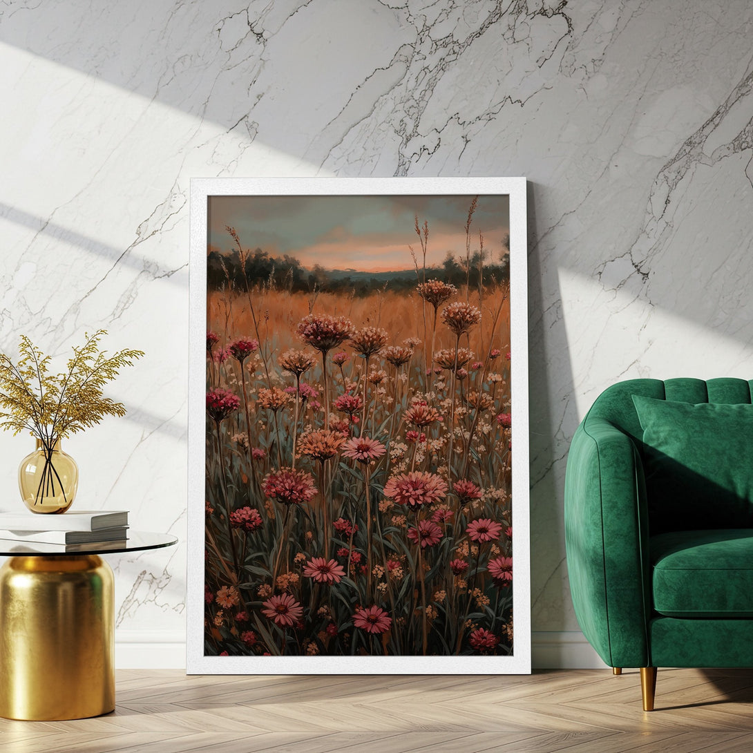 Framed Poster of wildflowers in warm tones. Botanical art print perfect for adding a touch of nature and style to your home decor.