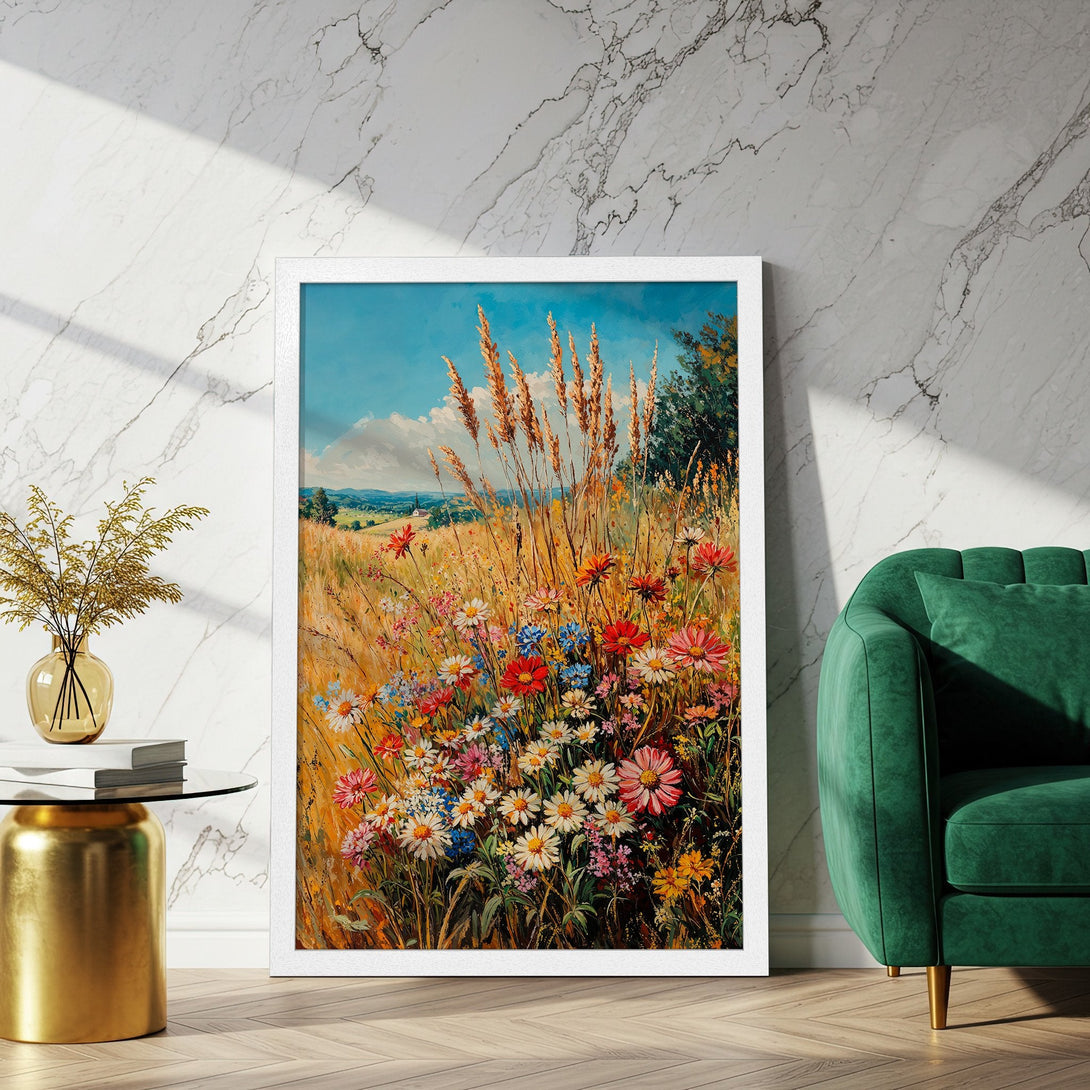 Framed Poster featuring a vibrant wildflower meadow painting. Warm, earthy tones with pops of color. Perfect wall art for any room!