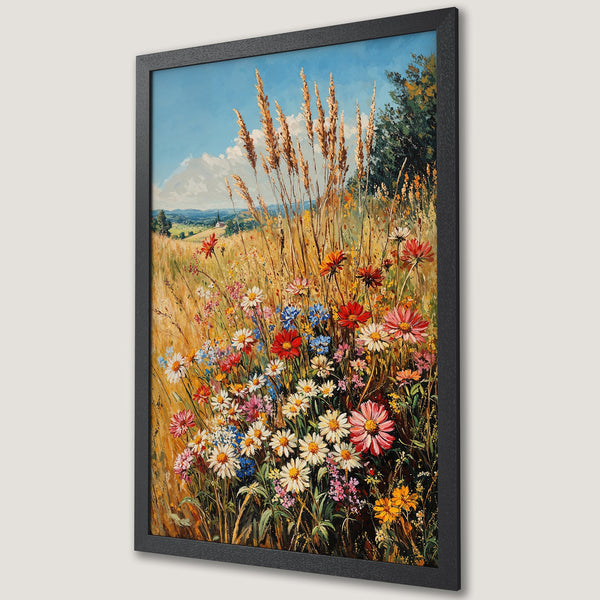 Framed Poster: Impressionist floral meadow art print with vibrant colors and a warm, natural palette. Perfect wall decor for any room!