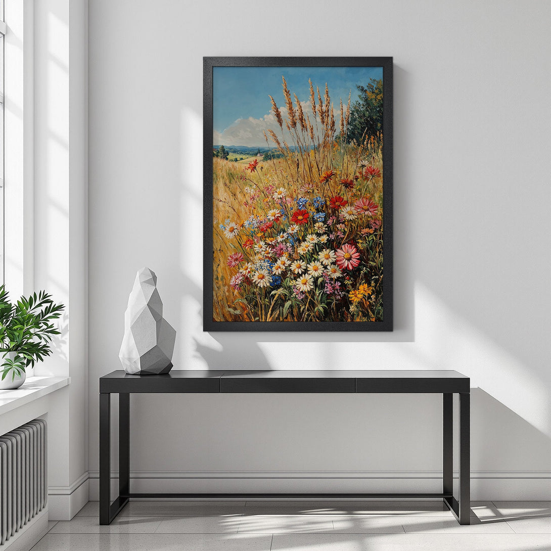 Framed Poster of vibrant wildflowers in a field. Impressionist style, featuring a colorful palette of blues, reds, yellows, and greens. Perfect wall art!
