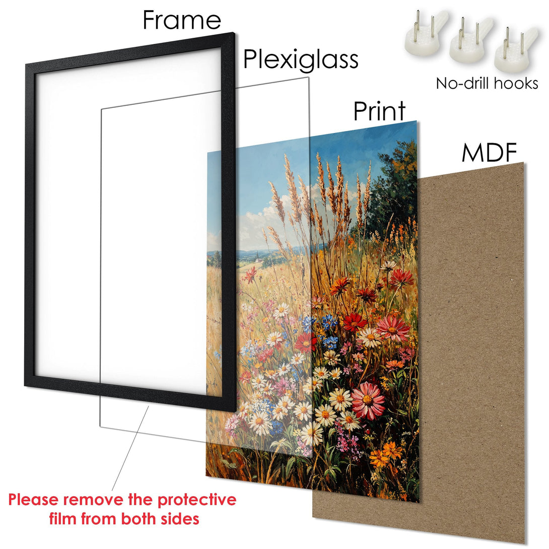 Framed Poster of a vibrant wildflower field painting. Features a black frame, with a colorful palette of blues, reds, and yellows.