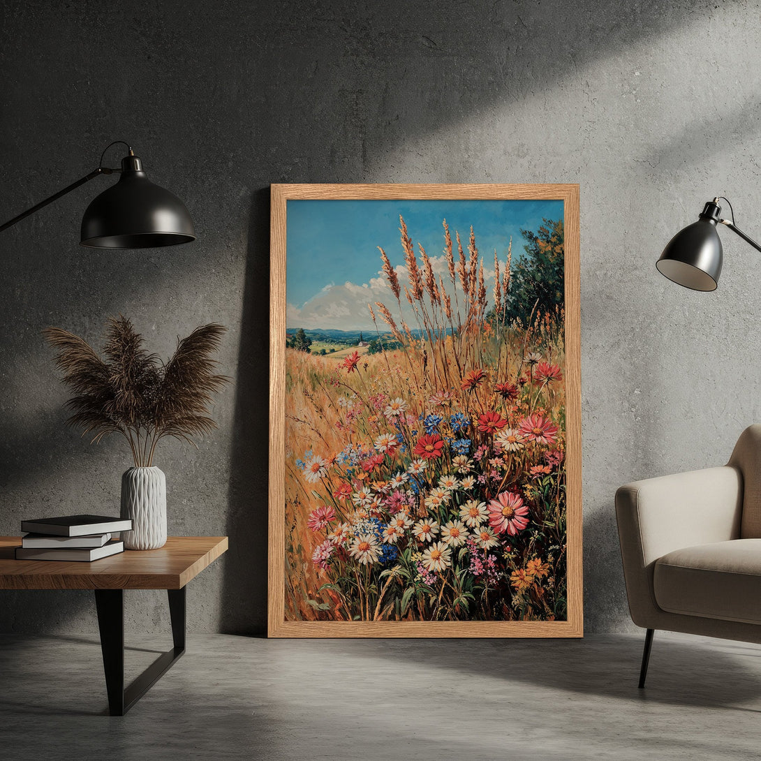 Framed Poster of a vibrant wildflower meadow, impressionistic style, warm color palette with blues, reds, and golds.