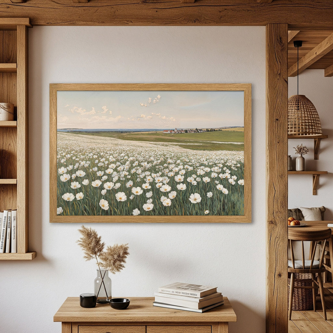 Framed Poster featuring a field of white flowers in a vintage style, with a soft, natural color palette. Perfect wall art!