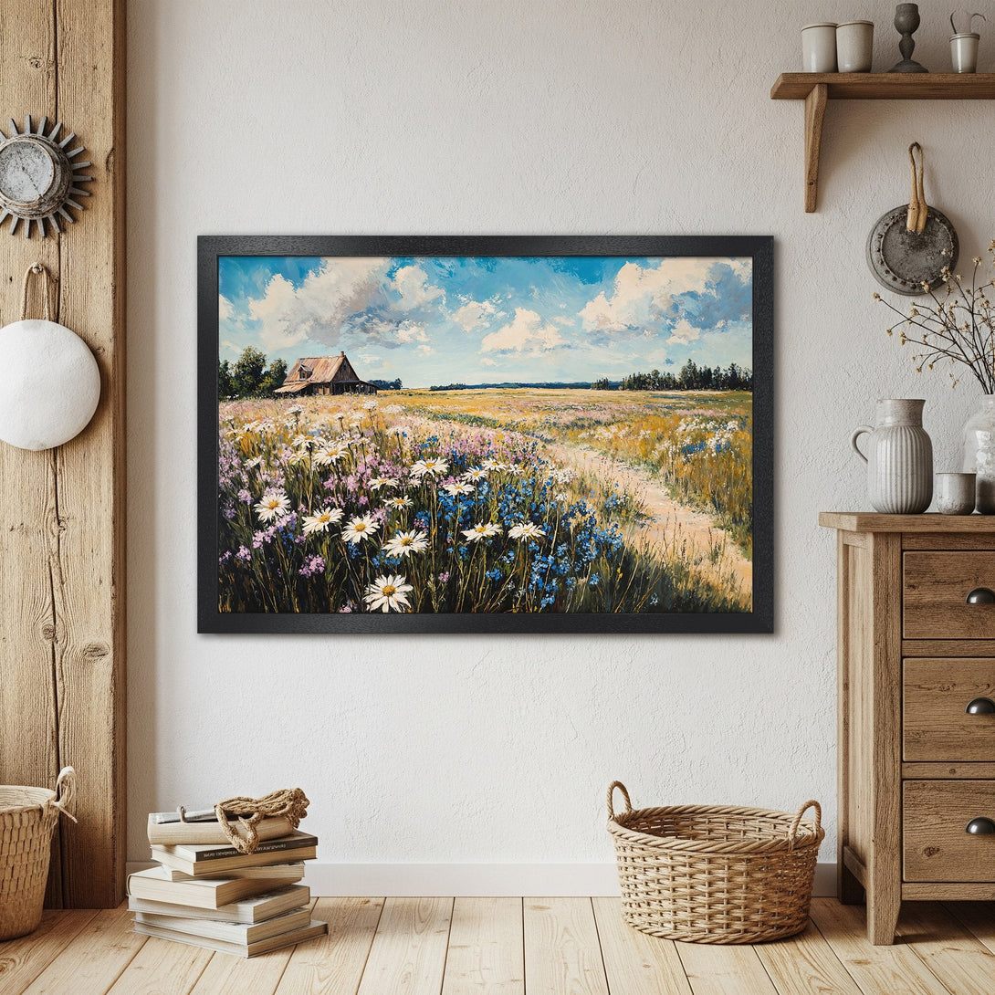 Framed Poster of a serene field with a cabin. Impressionistic style, featuring a blue, white, and yellow color palette. Perfect wall art!
