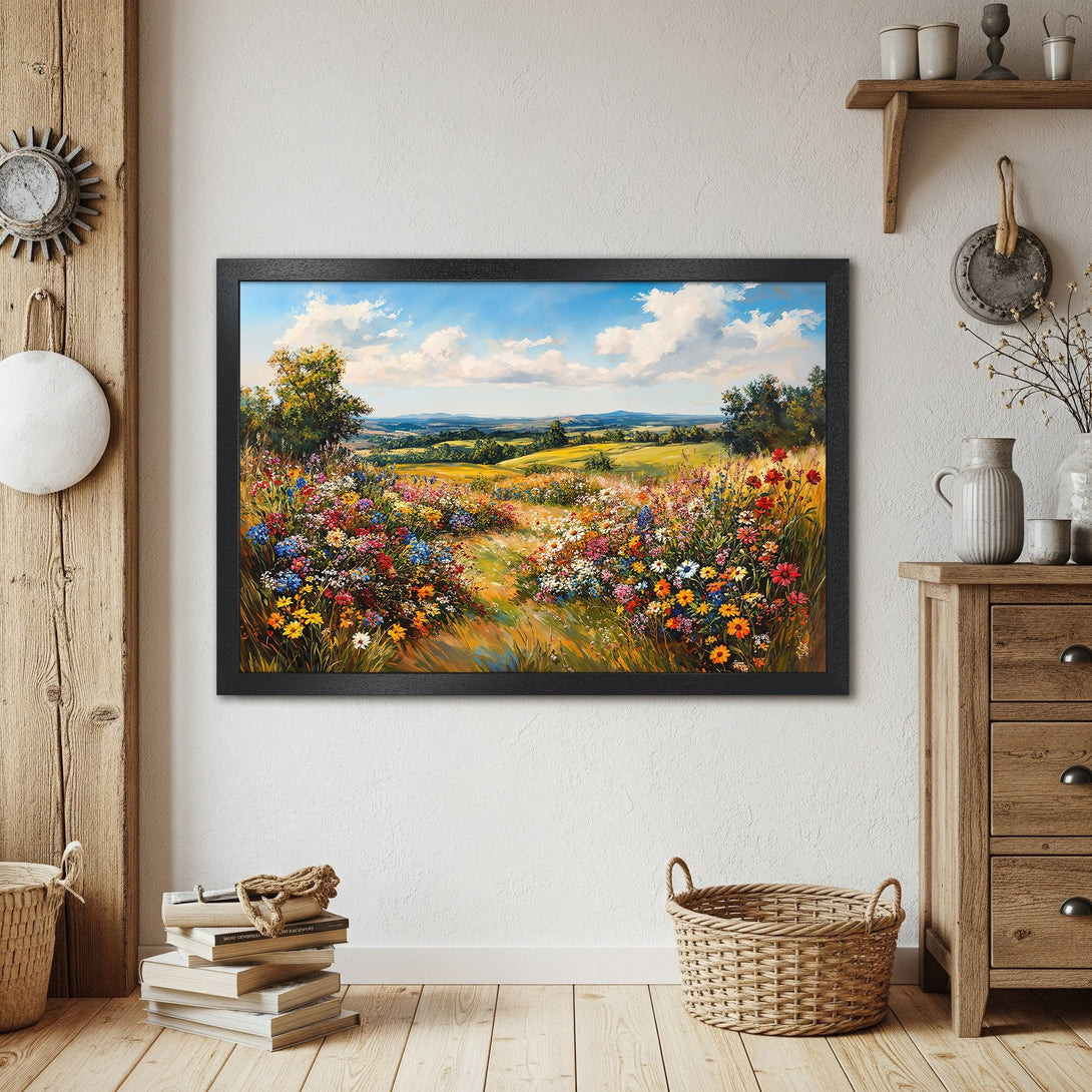 Framed Poster of a vibrant wildflower field landscape painting. Featuring a colorful palette of blues, yellows, and greens.