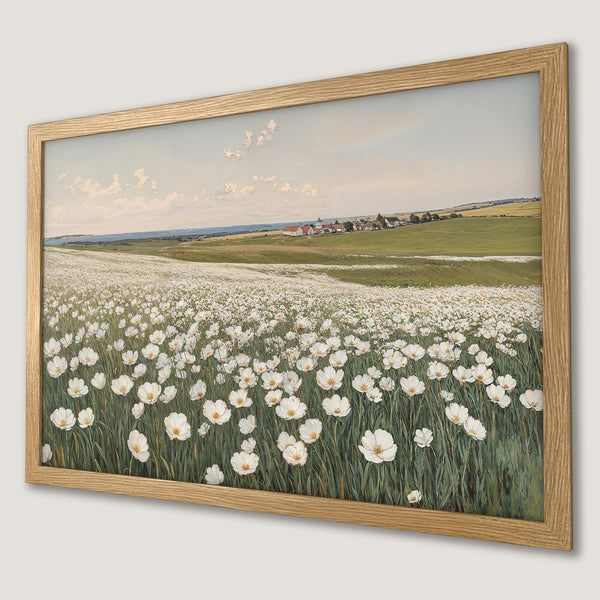 Framed Poster featuring a field of white flowers, serene landscape art with a soft color palette.