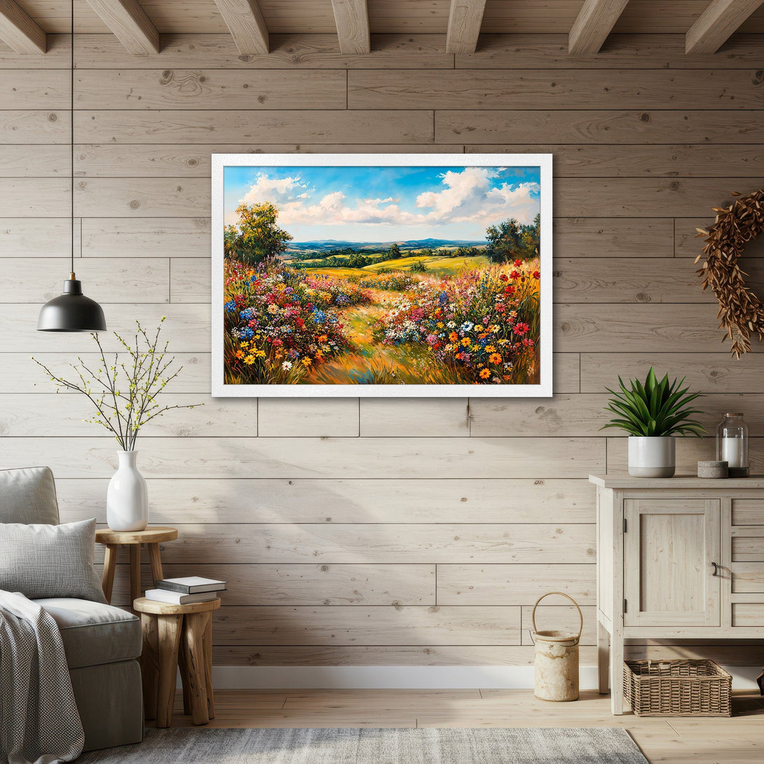 Framed Poster of a vibrant wildflower meadow landscape, impressionistic style, with a warm, colorful palette.