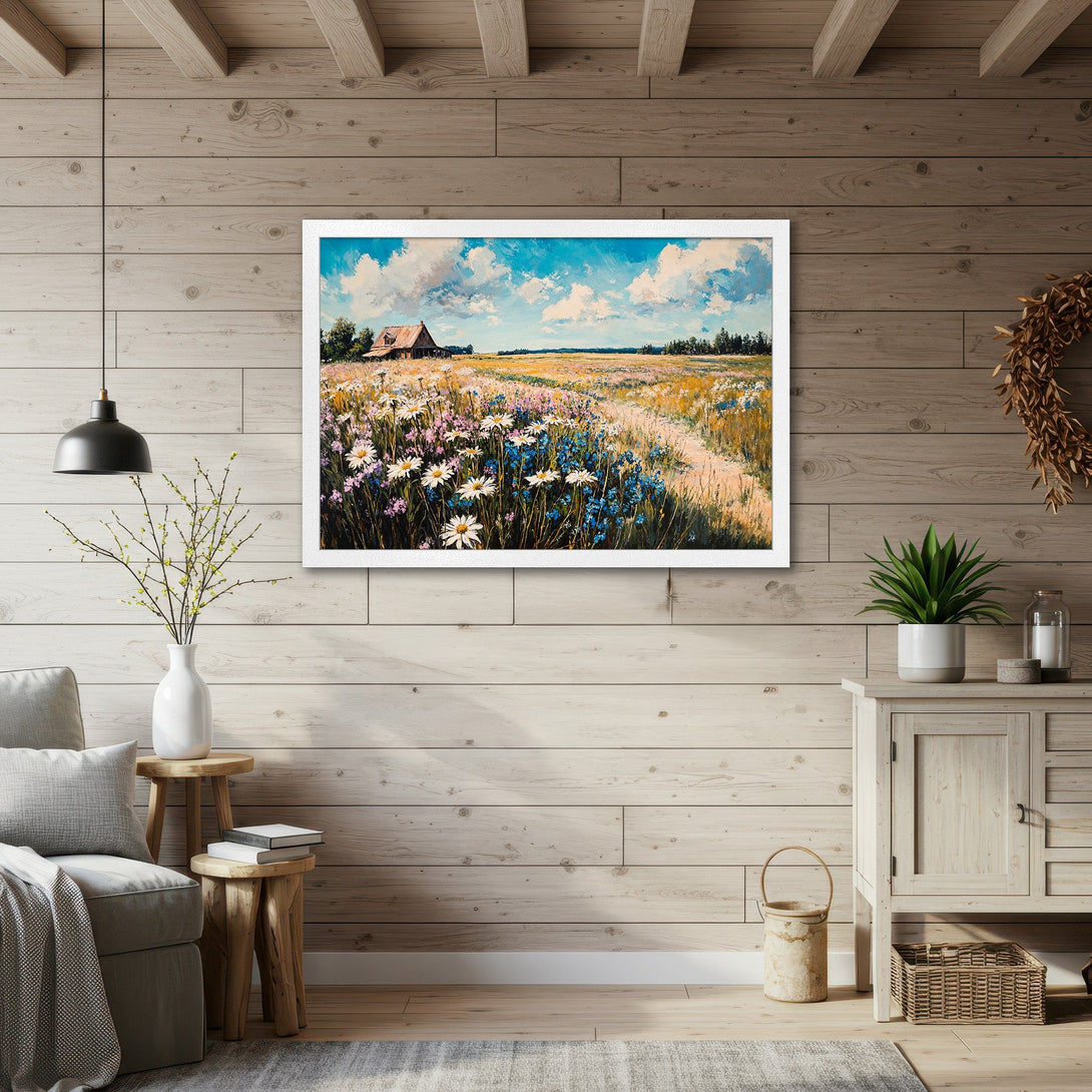 Framed Poster featuring a vibrant field landscape painting in impressionist style with blue, yellow, and green hues. Perfect wall art for your home!