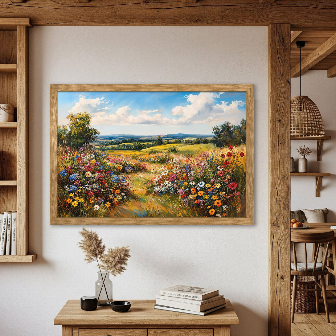 Framed Poster of a vibrant wildflower meadow landscape painting, warm color palette, perfect for home decor.