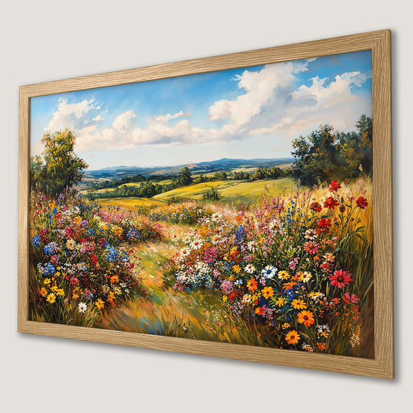 Framed Poster of a vibrant wildflower meadow landscape painting. Colorful, impressionistic style with a warm, natural color palette.