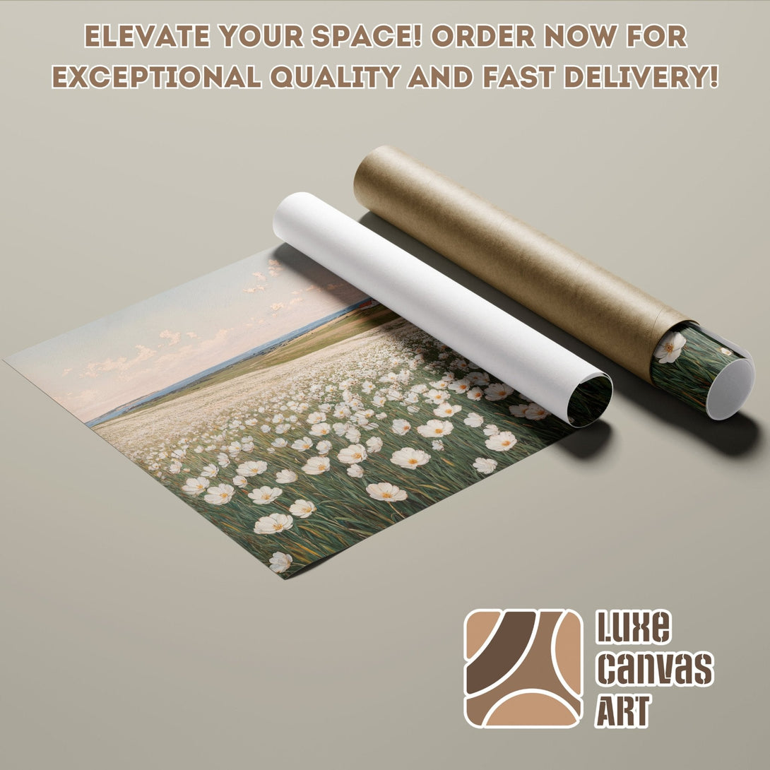 Poster Roll of a field of white flowers, landscape art, soft color palette. Elevate your space!