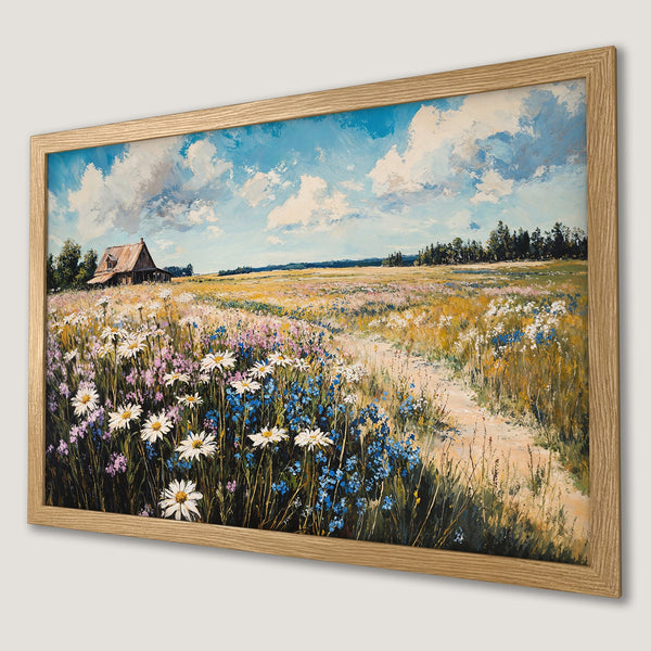 Framed Poster of a serene landscape painting with wildflowers, blue sky, and a warm color palette. Add art to your home!