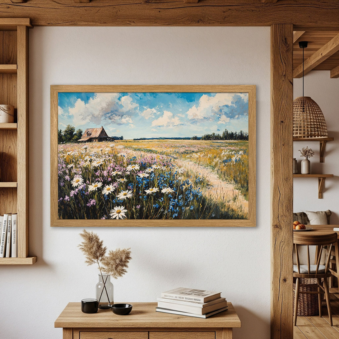 Framed Poster of a serene landscape painting with wildflowers, blue sky, and a rustic cabin. Warm color palette.