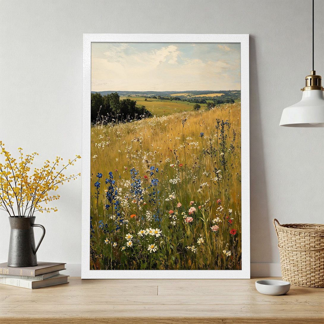 Framed Poster of a vibrant wildflower meadow in impressionist style, featuring a warm color palette of greens, yellows, and blues.