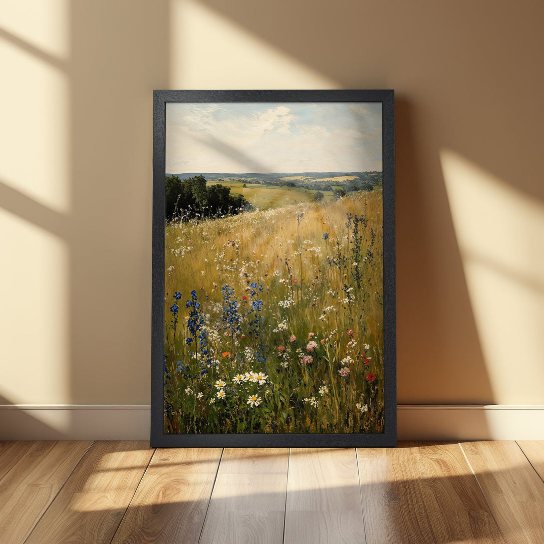 Framed Poster of a vibrant meadow landscape painting, featuring wildflowers in a warm, natural color palette. Perfect wall art!