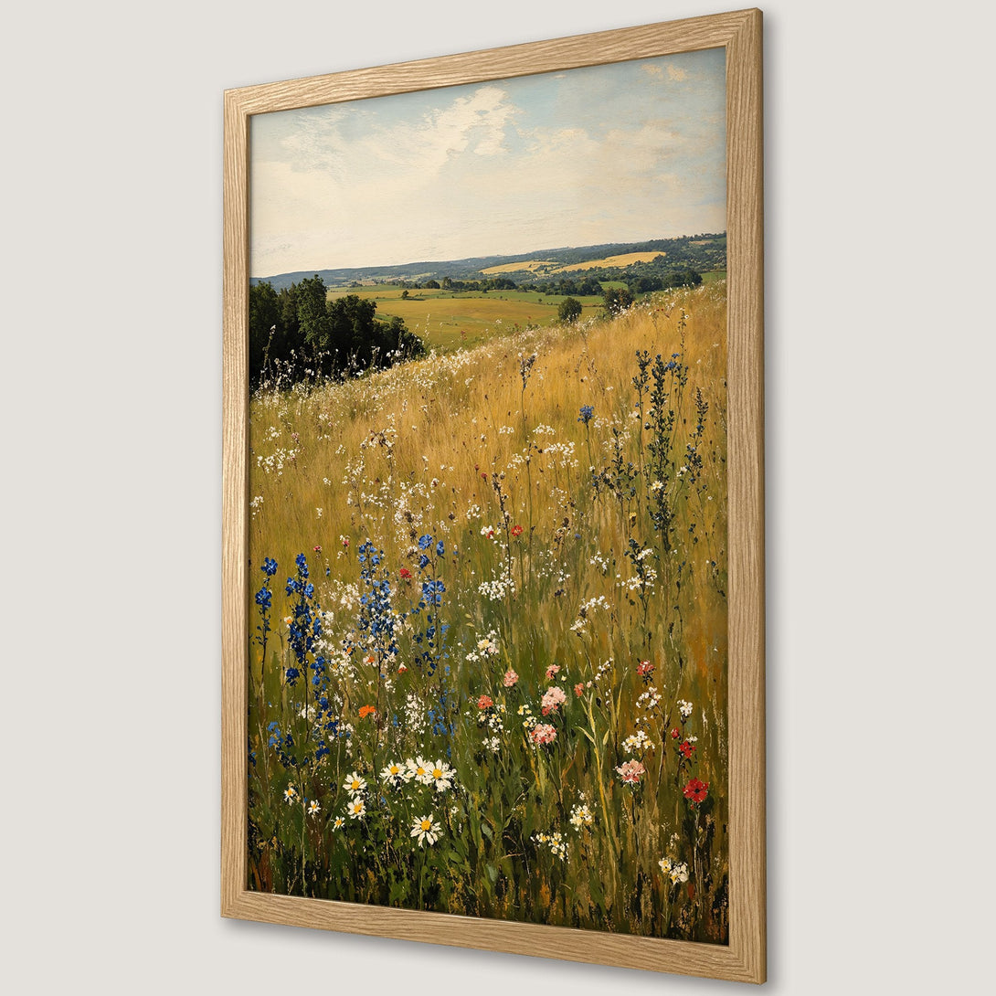 Framed Poster: Landscape art print with wildflowers, warm color palette, perfect for home decor.