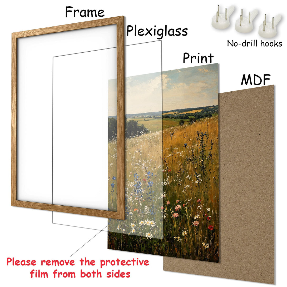 Framed Poster of a serene landscape painting in warm tones, with a wooden frame. Perfect art for your home!