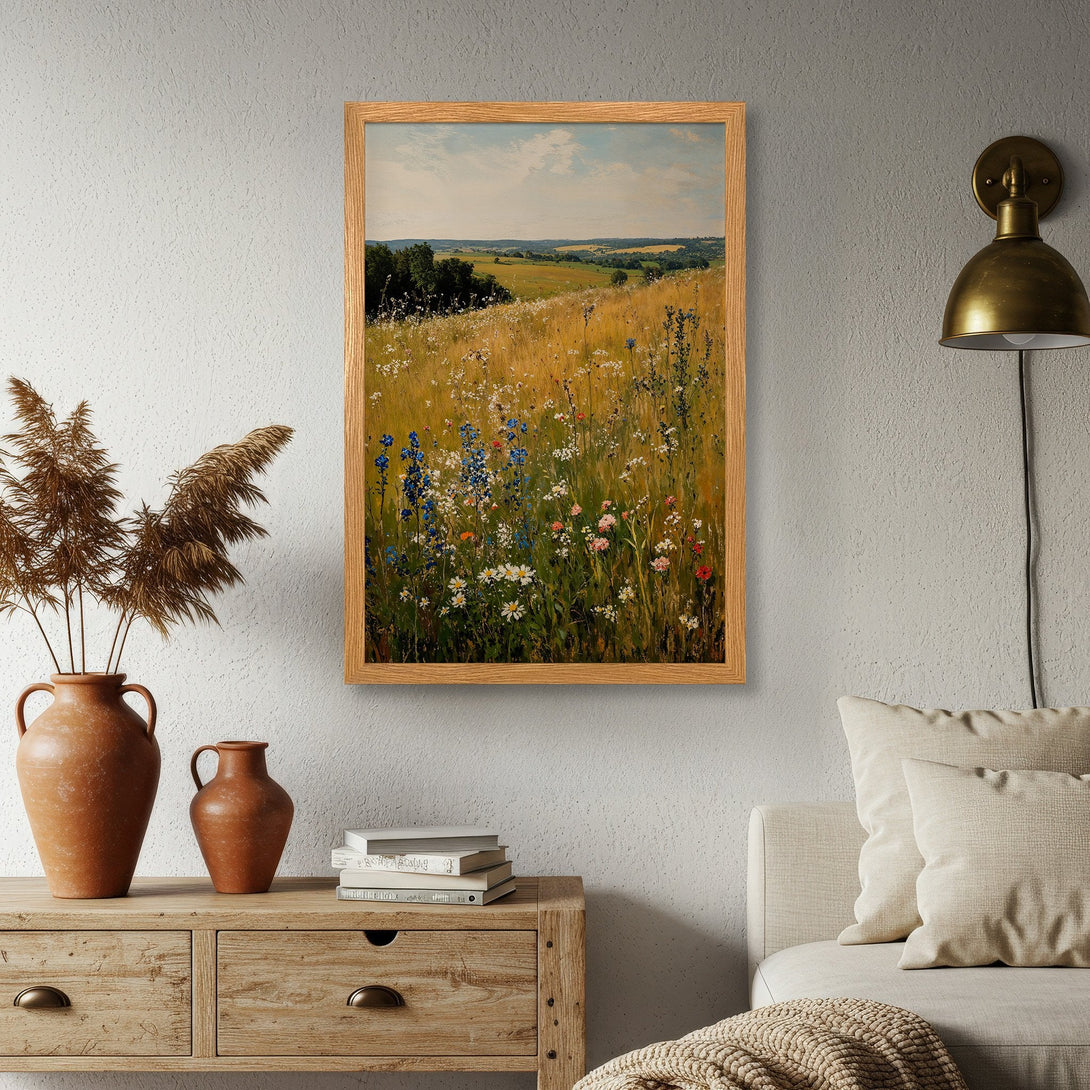 Framed Poster of a serene field landscape in warm, earthy tones. Add a touch of nature to your home decor!