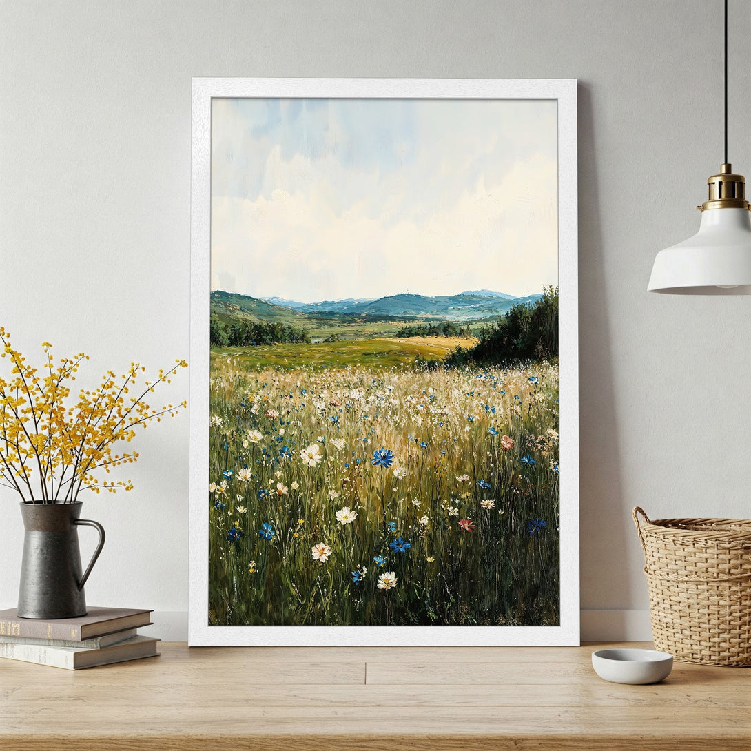Framed Poster of a vibrant wildflower meadow painting. Earthy tones with blue, white, and green hues. Bring nature's beauty indoors!
