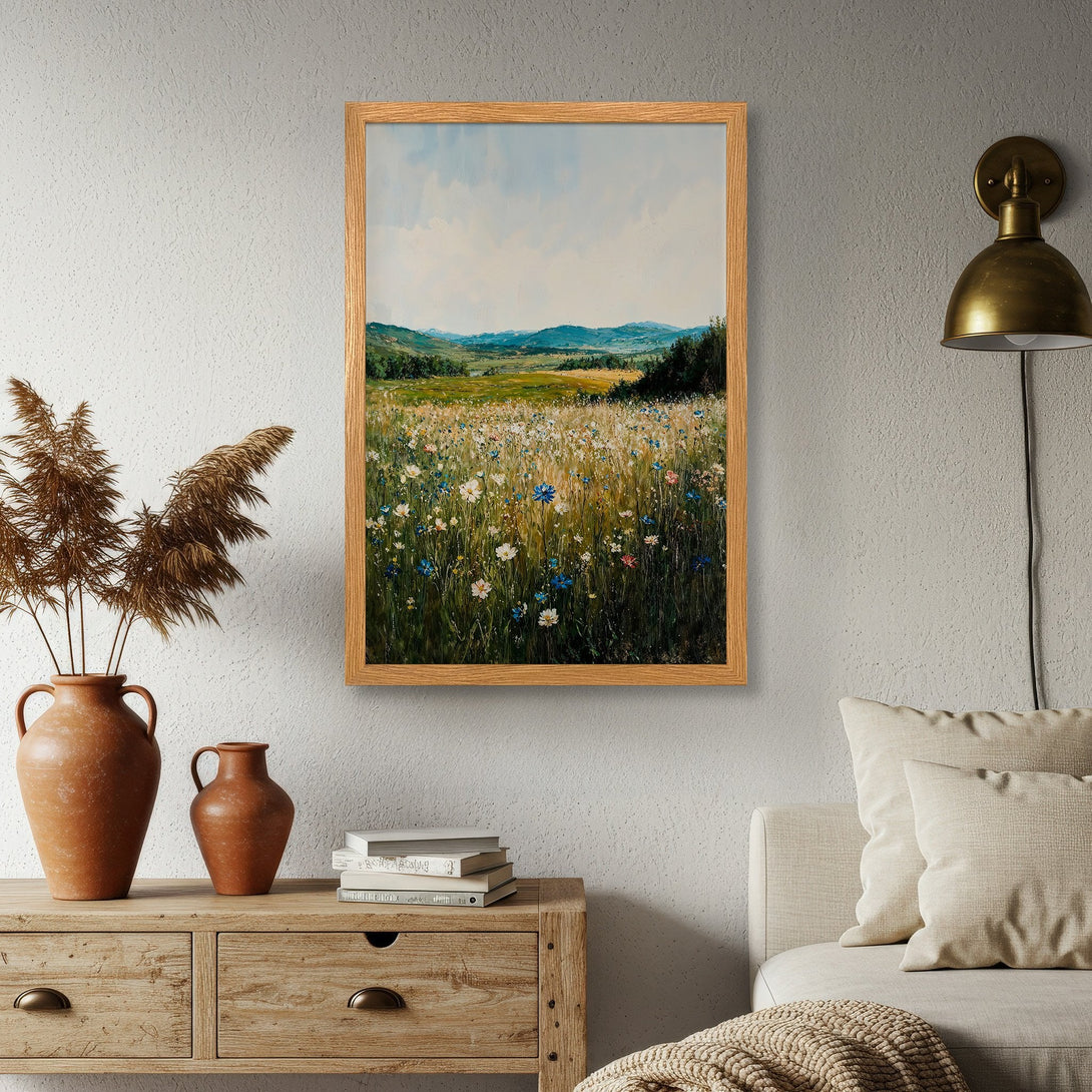 Framed Poster featuring a serene landscape painting with a soft green, blue, and yellow color palette. Perfect wall art to brighten your home.