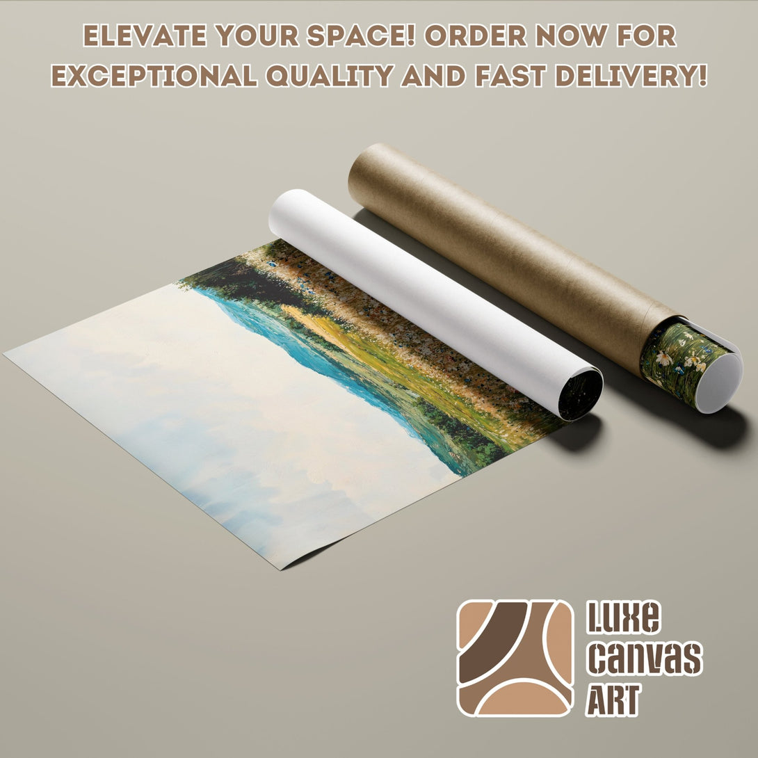 Poster Roll featuring a landscape painting in a vibrant, impressionistic style with a blue, green, and yellow color palette.