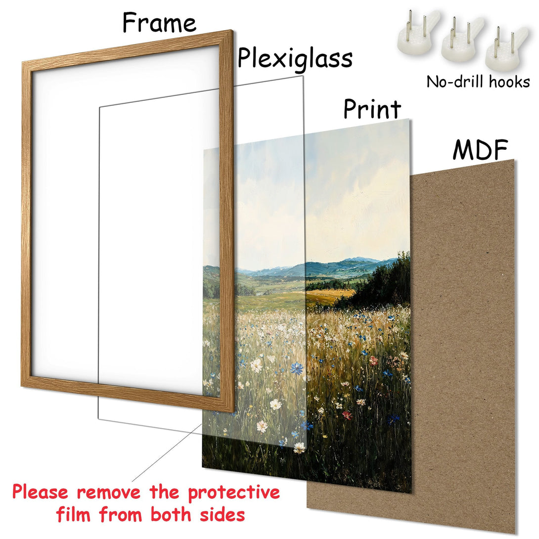Framed Poster of a vibrant field landscape in a warm color palette. Perfect wall art for a nature-inspired home.