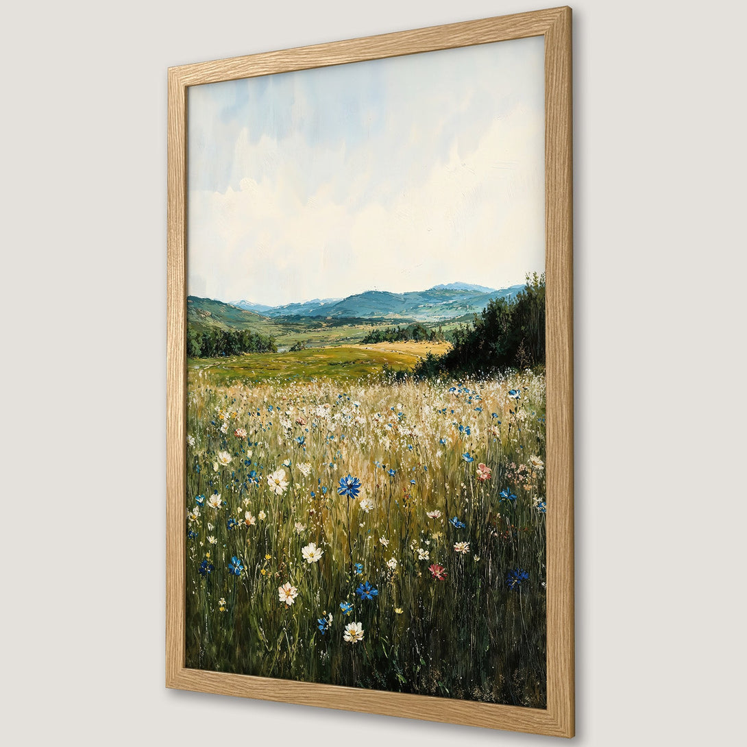 Framed Poster of a vibrant meadow landscape painting. Features wildflowers, mountains, and a natural color palette. Perfect wall art!