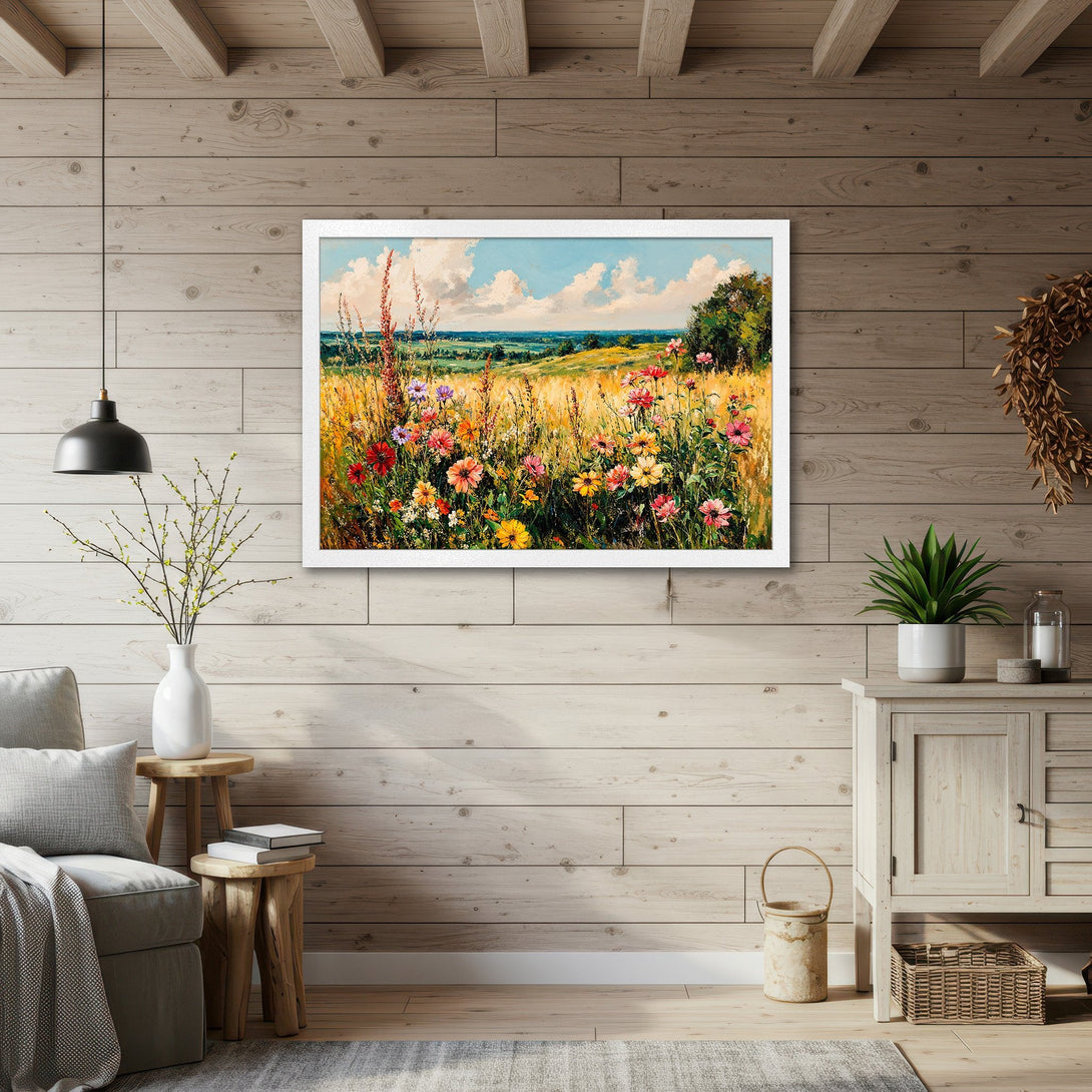 Framed Poster of a vibrant wildflower meadow in impressionist style, with a warm, colorful palette perfect for home decor.
