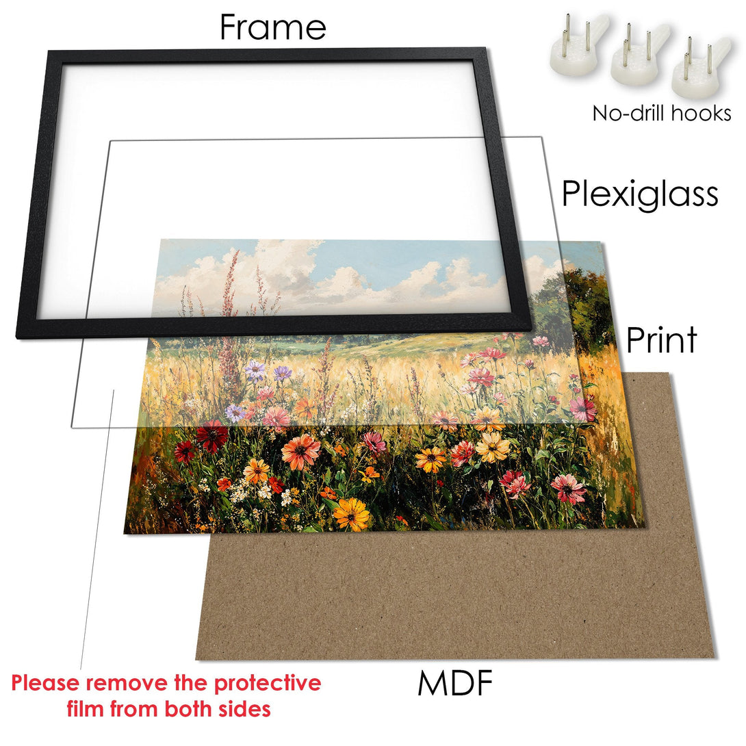 Framed Poster of a vibrant floral field painting. Warm color palette with blues, greens, yellows, and reds. Ready to hang!