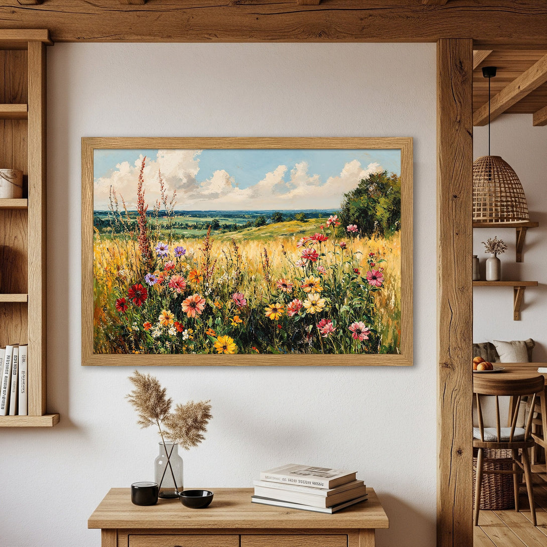 Framed Poster featuring a vibrant field of wildflowers, painted in a classic style with a warm, natural color palette. Perfect for adding a touch of nature to your home.