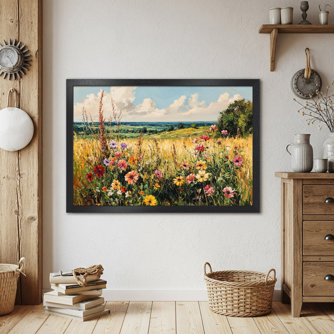 Framed Poster featuring a vibrant wildflower meadow painting in a warm, inviting color palette. Perfect for adding a touch of nature to your home!